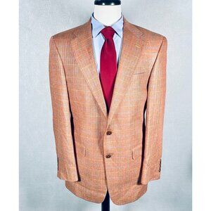 Hickey Freeman Blazer Mens 38R Peach Silk Glen Plaid Sport Coat Jacket